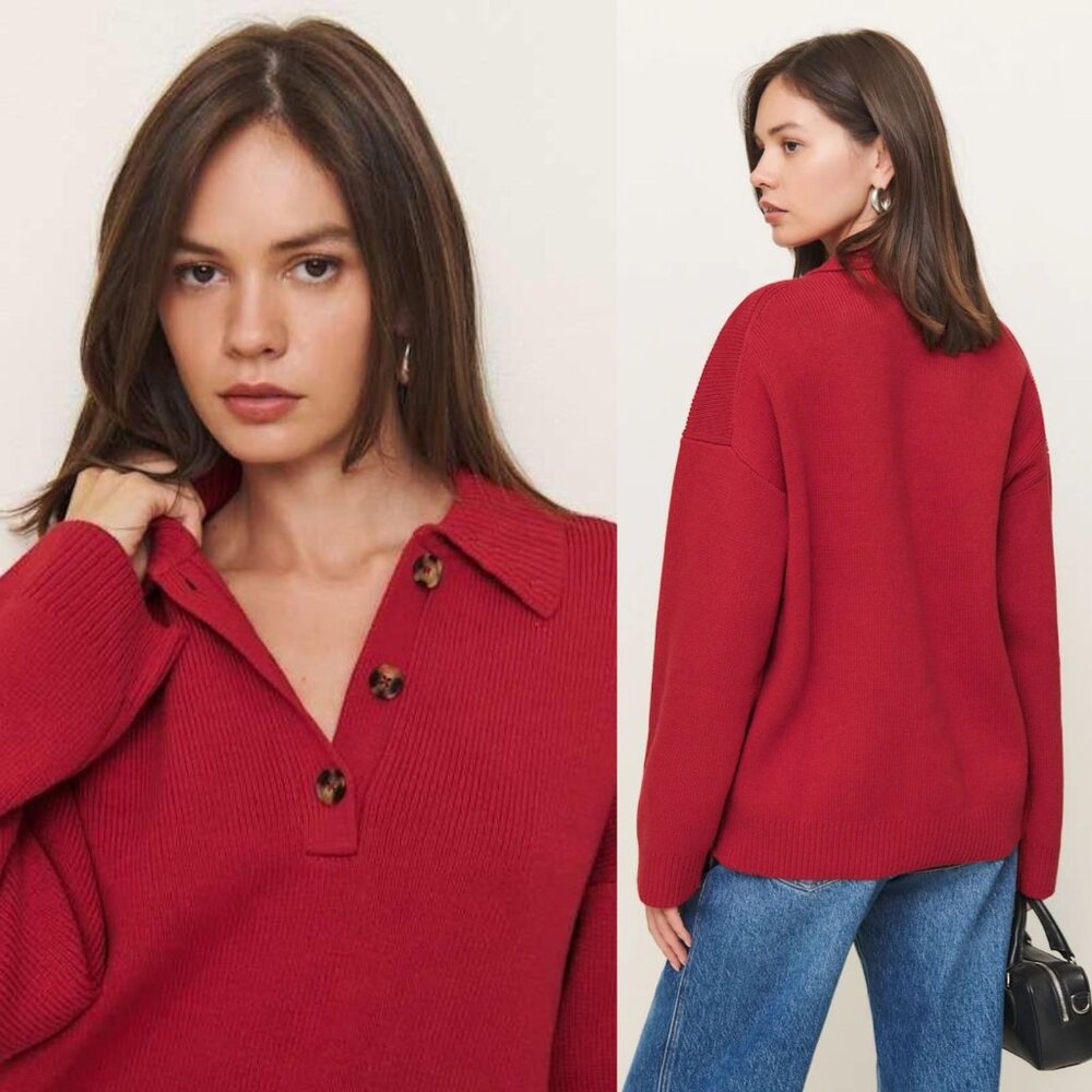 Reformation Brooklyn Sweater Sundried Tomato Red Cotton Polo Henley‎ Size L NWT - Picture 9 of 11